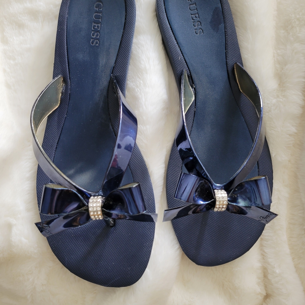 Guess Women's Navy Bow Jelly Sandals with Rhinestone Detail Size 10